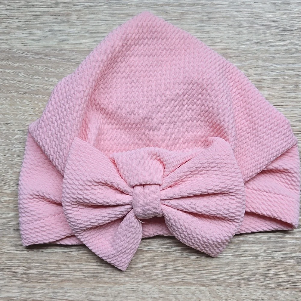 Baby Girl Pink Turban Hat Waffle Knit Big Bow Beanie Wrap Headband Sz 0-12M